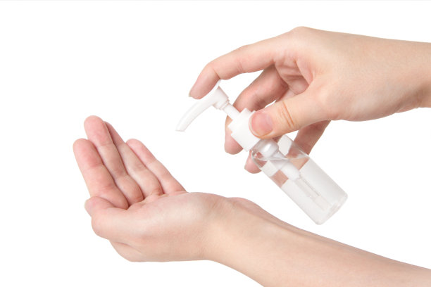 手部抗菌消毒液分配器泵，酒精洗手液，洗手液使双手远离病毒和疾病。请洗手概念照片上的洗手隔离白色图片下载