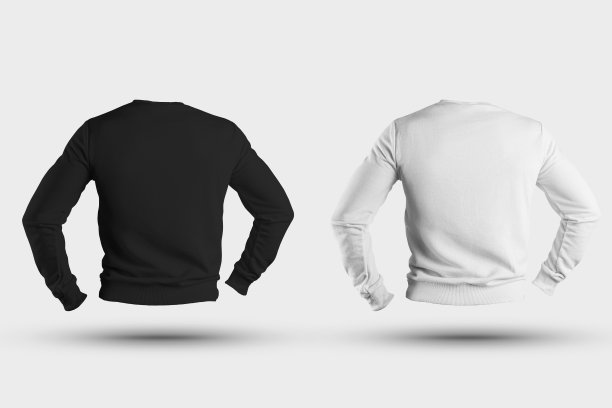 样板男运动衫与弯曲的袖子，白色和黑色套头衫，纹理石南，背面视图，孤立的背景。图片下载