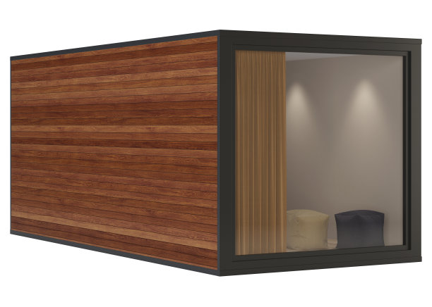 在白色背景上有全景窗户和木墙的集装箱。包括剪切路径。3 d渲染。图片下载