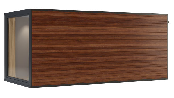 在白色背景上有全景窗户和木墙的集装箱。包括剪切路径。3 d渲染。图片下载