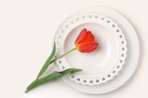 在明亮的背景上清理空盘子。盘子上的红色郁金香花。前视图。图片下载