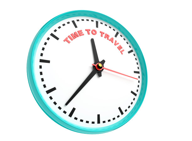 时钟显示旅行的时间。旅行和冒险的概念。三维演示图片下载
