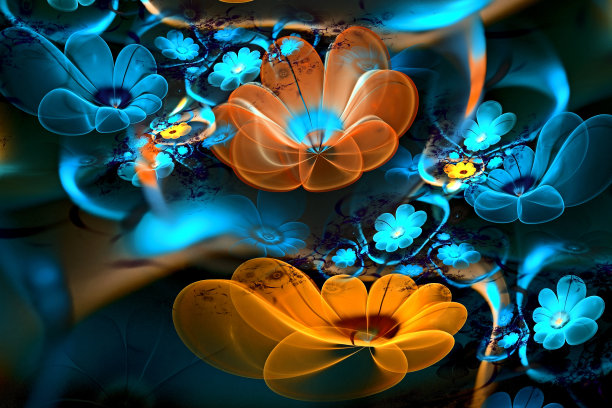 抽象分形三维花在黑暗的背景。彩色图像分形图片下载