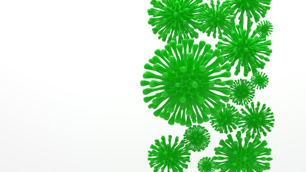 白色背景上的一组病毒细胞，3D新冠病毒细胞图图片下载