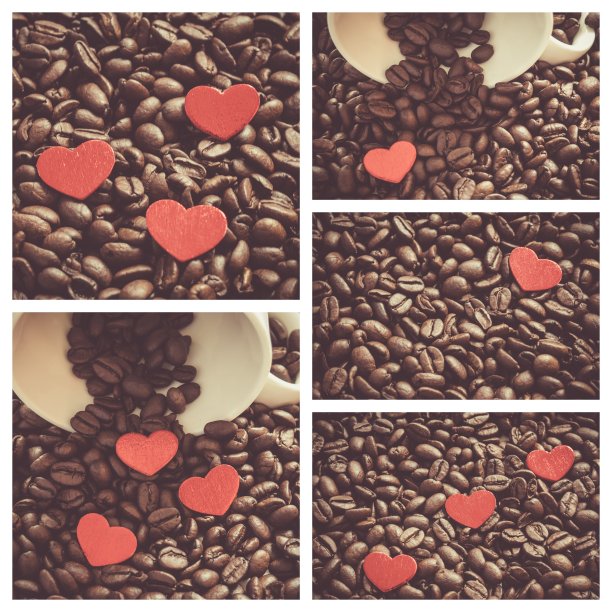 咖啡豆和红心的拼贴照片图片下载