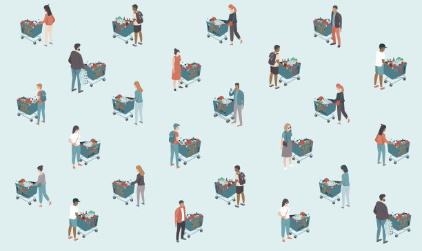 新冠肺炎大流行期间在超市购物。社会距离的概念。无缝的矢量模式图片下载