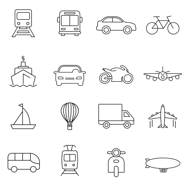 传输集图标向量。概述交通集合。时尚的平面汽车标识设计。细线形象形图形隔离为网站，移动应用。商标说明。图片下载