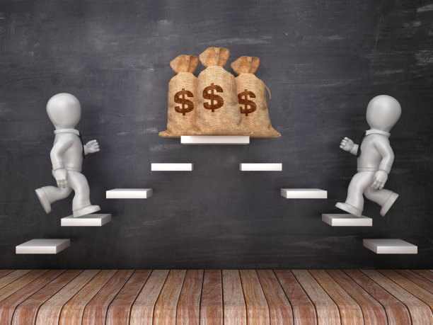 商业人物在步骤与美元符号钱袋在黑板上- 3D渲染图片下载