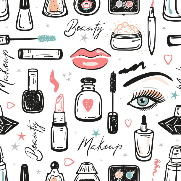 化妆集无缝模式。化妆品收集背景。手绘涂鸦化妆品。美丽和时尚项目矢量插图图片下载