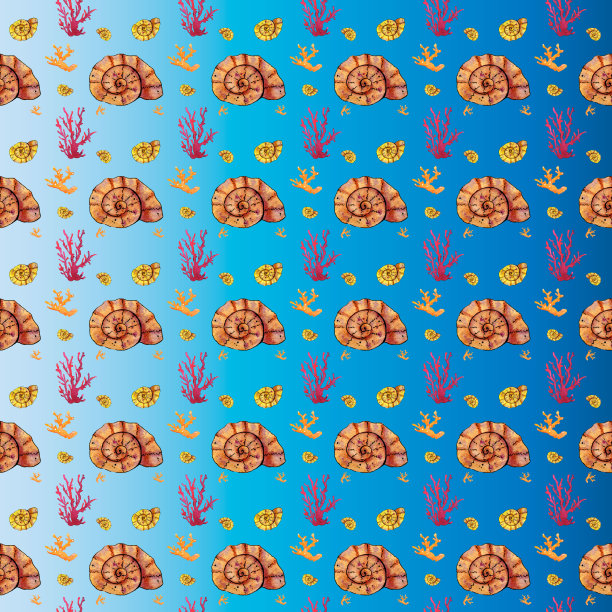 无缝模式。手绘水彩贝壳和珊瑚在白色的背景。图片下载