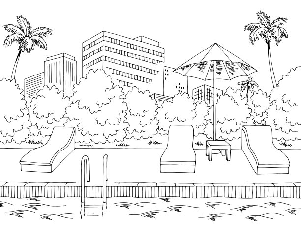 游泳池大酒店图形黑白景观素描插图矢量图片下载