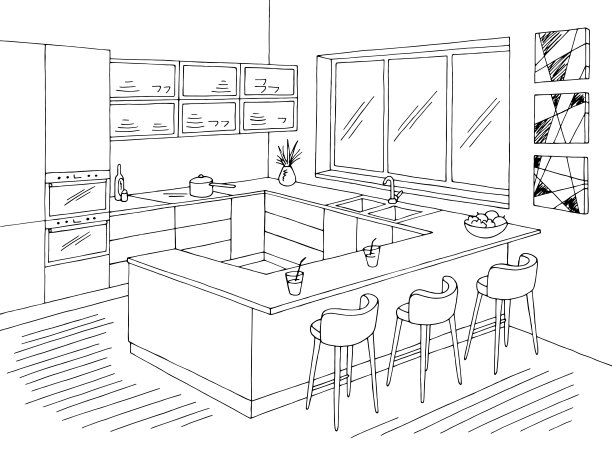 厨房房间图形黑白色家庭室内素描插图矢量图片下载