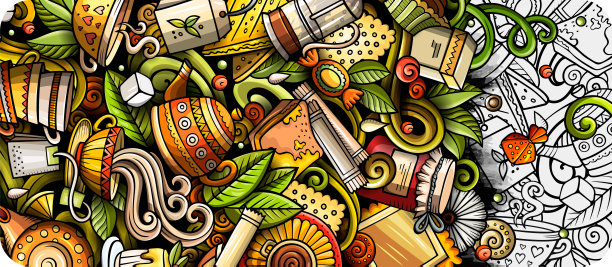 茶手画涂鸦横幅。卡通详细的传单。图片下载