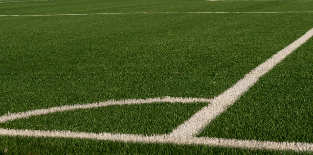 人工绿草，白色边框。足球场用人造草皮。露天体育场的足球场。有选择性的重点图片下载