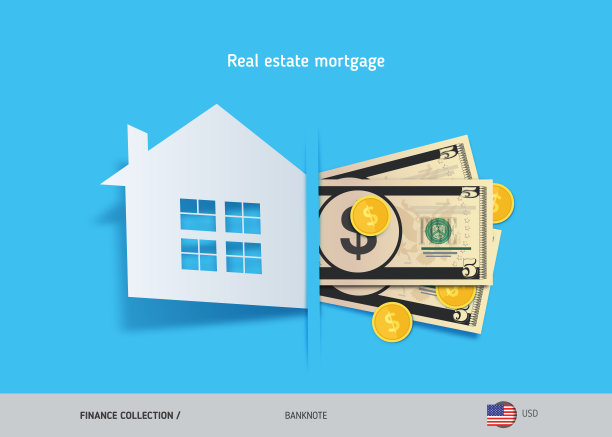 房地产抵押概念。5美元纸币和金币。平面风格矢量插图。图片下载