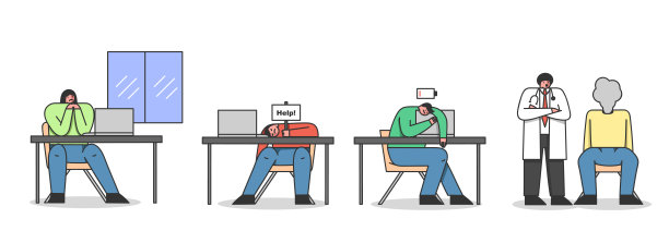 情绪倦怠综合症的概念。坐在办公室里的疲惫的人们。两个男人与标志帮助和低电池图标。卡通线性轮廓平面矢量插图图片下载