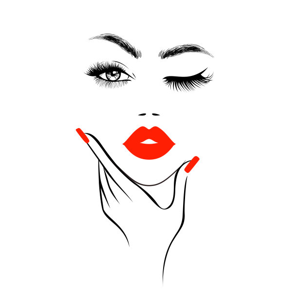 美丽的女人的脸与红色的嘴唇，茂盛的睫毛，一只眼睛睁开一闭，手与红色的指甲。Spa沙龙。美丽的标志。矢量图图片下载