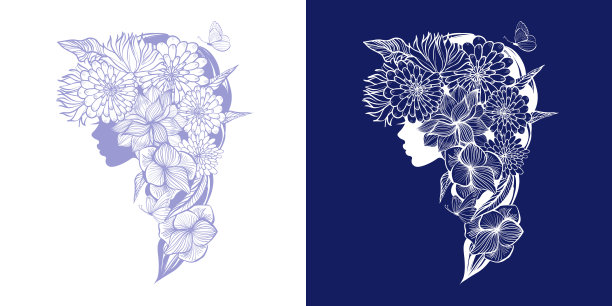 美丽女人的侧影。美丽的标志。矢量插图，冠冕花，蝴蝶，花动机，抽象花，水疗沙龙，标志，符号，指甲工作室，美发师沙龙。图片下载