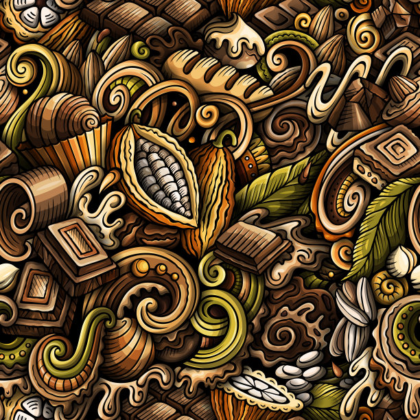 巧克力手绘涂鸦无缝图案。可可矢量插图。图片下载