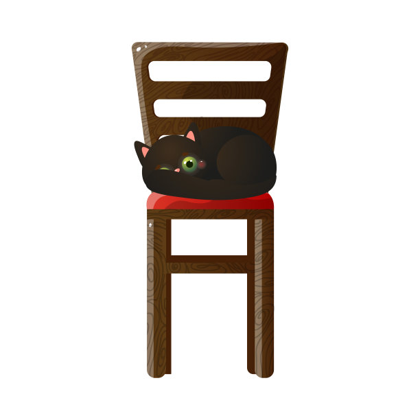 可爱的家黑猫性格躺在高高的木椅上。矢量插图在平面卡通风格图片下载