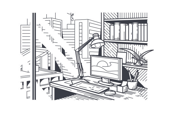 在工作台上放置笔记本电脑和台灯图片下载