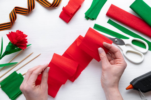 如何在家里制作康乃馨花。手捧红色康乃馨，送别胜利日5月9日。一步一步的照片说明。步骤2。彩色的纸。儿童DIY艺术项目图片下载