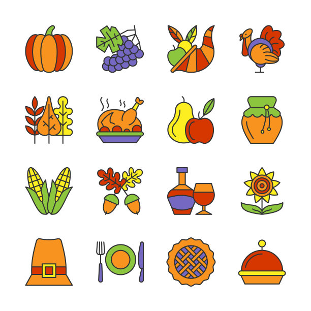 感恩节线图标设置可编辑的笔触图片下载