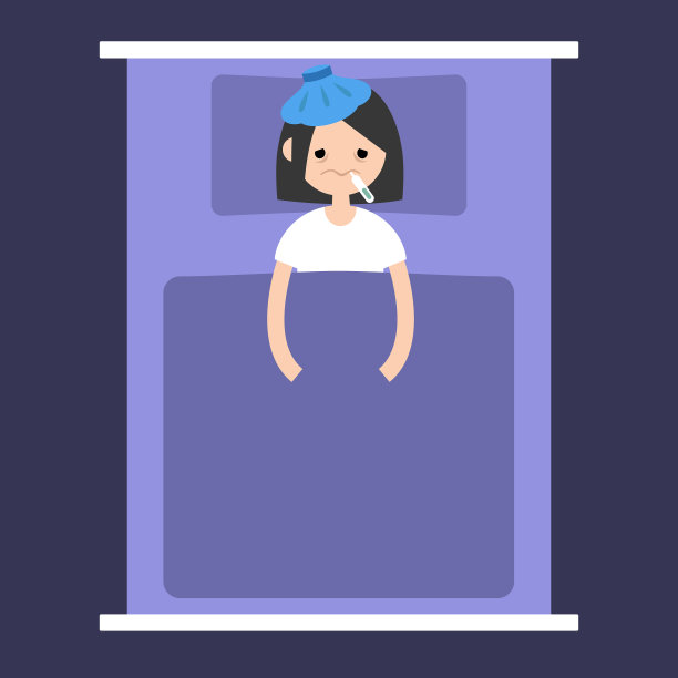 生病的黑发女孩躺在毯子下面图片下载