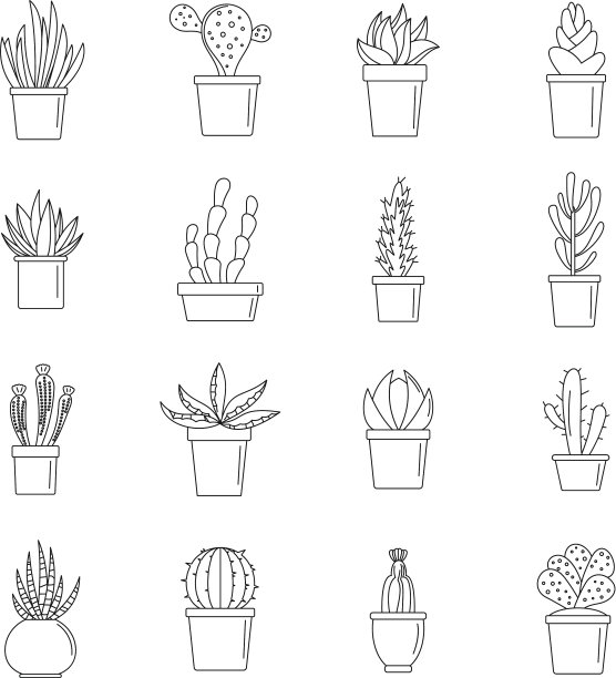 多汁和仙人掌图标设置轮廓风格图片下载