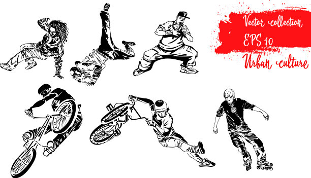 一组极限运动员，滑旱冰，骑自行车和图片下载
