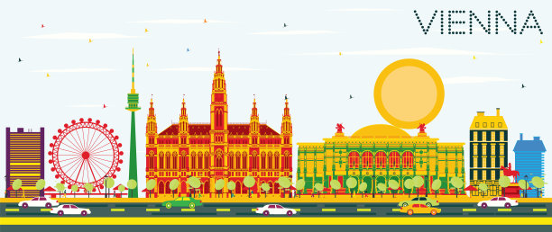 维也纳的天际线有彩色的建筑和蓝天图片下载