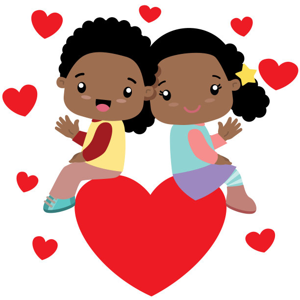 黑人男孩和黑人女孩坐在一个大的心脏上图片下载