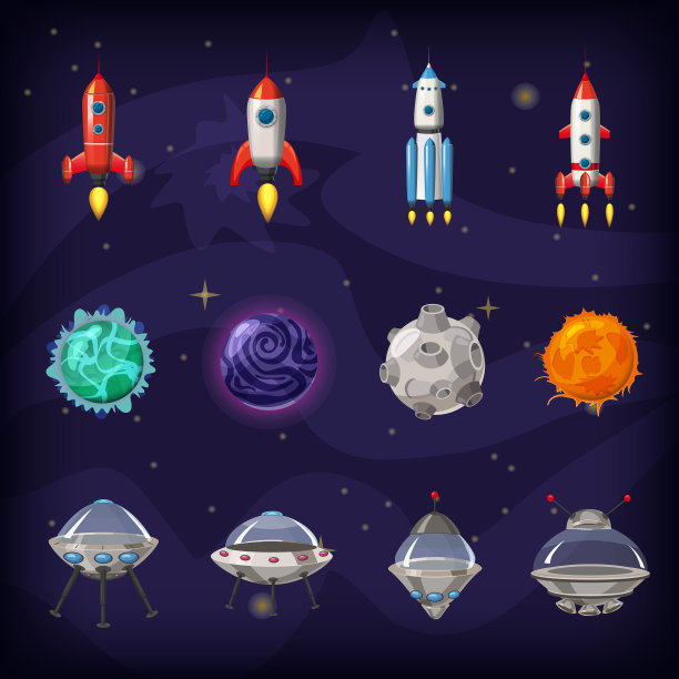 太空卡通图标集：行星、火箭、不明飞行物图片下载