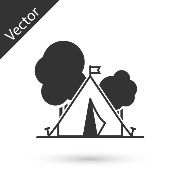 灰色旅游帐篷与旗帜图标孤立在白色图片下载