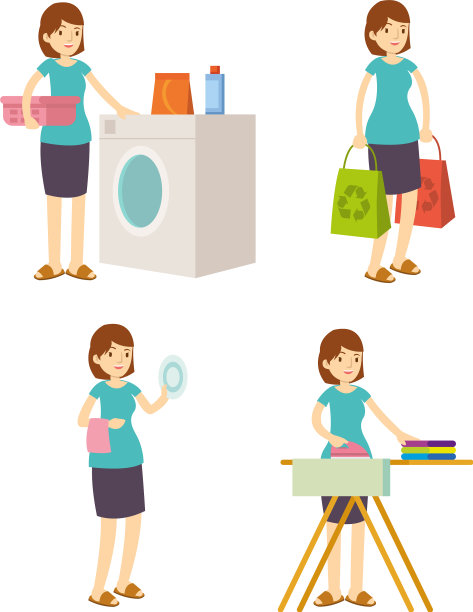 家庭主妇妈妈洗熨斗，购物和清洁图片下载