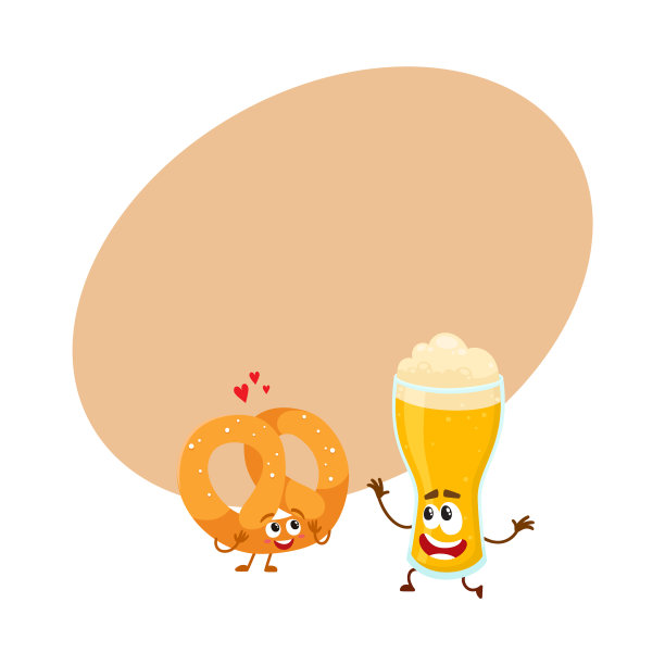 快乐的铝啤酒罐和椒盐卷饼的特点图片下载