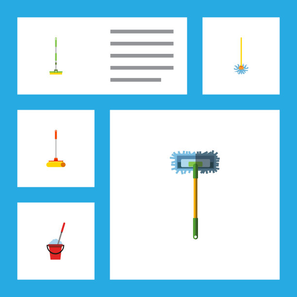 平面图标拖把，一套设备，水桶，扫把和图片下载