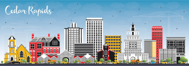 爱荷华州锡达拉皮兹市的天际线上有彩色建筑图片下载