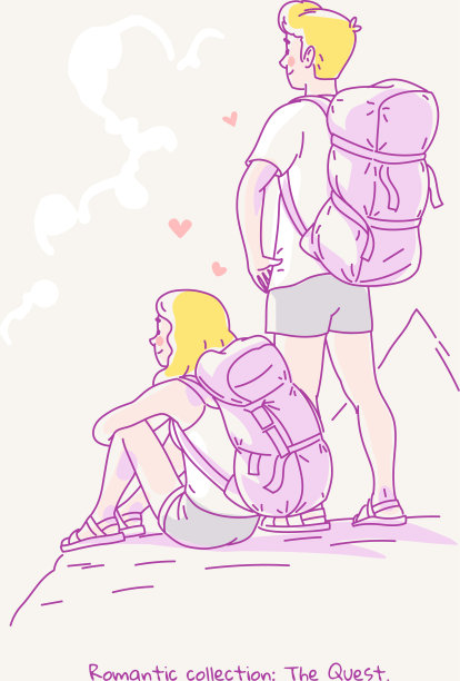 一对年轻夫妇背着背包看日出图片下载