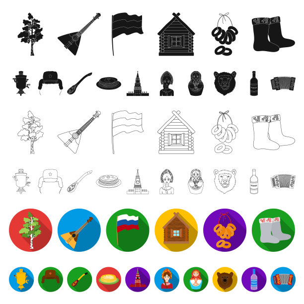 国家俄罗斯旅行平面图标设置图片下载