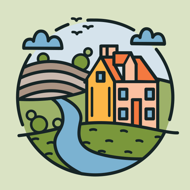 圆形标志与农舍山覆盖图片下载