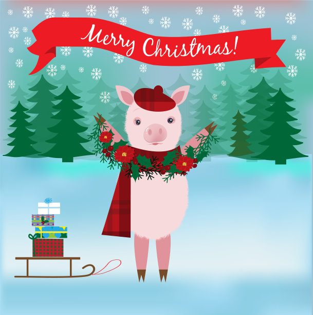 可爱的小猪在冬天的森林里带着礼物图片下载