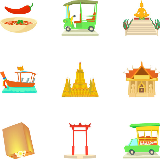 泰国景点图标设置卡通风格图片下载