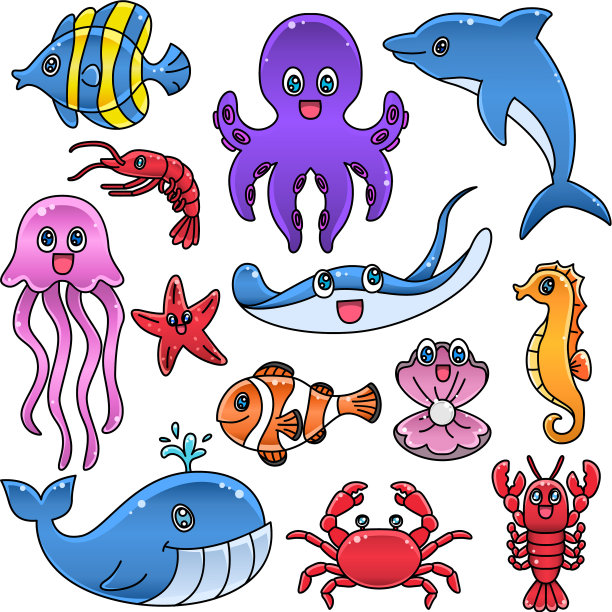 海洋生物鱼海豚鲸鱼螃蟹夹艺术图片下载