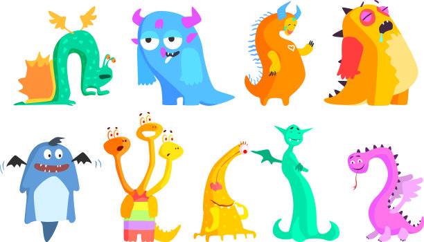 五颜六色的扁平滑稽的怪物图片下载