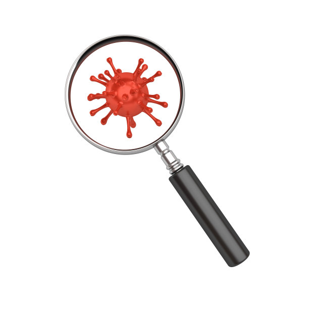 用放大镜观察白色背景上隔离的病毒图片下载