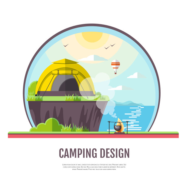 海滨景观和露营的平面风格设计图片下载