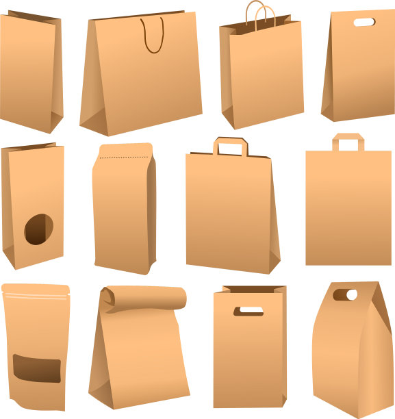 棕色纸袋设置孤立的白色背景图片下载