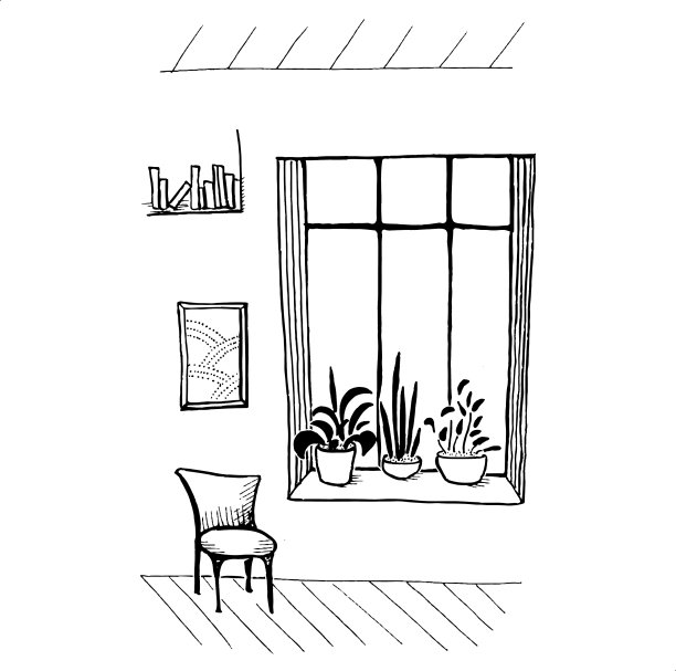 室内素描画窗简单手绘图片下载