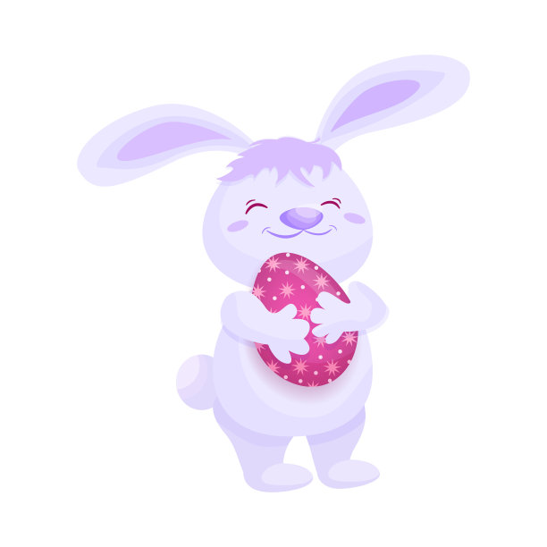 可爱的毛茸茸的粉色兔子和一个彩绘的复活节彩蛋图片下载